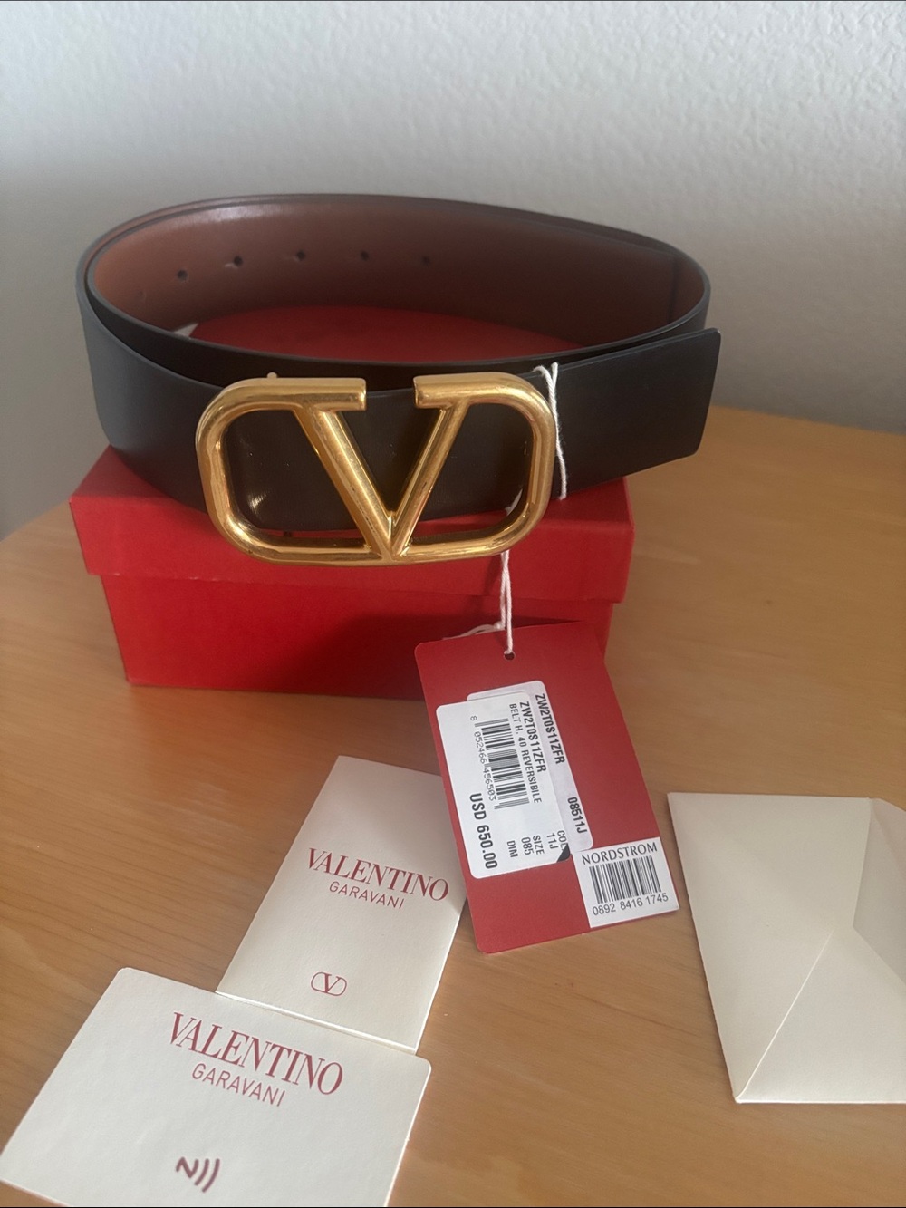 Valentino Black Leather Belt with Gold V Buckle